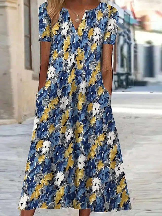 Casual Dress Shift Dress Print Dress Floral Pocket Print V Neck Midi Dress Active Fashion Outdoor Vacation Short Sleeve Regular Fit Black Yellow Blue Summer Spring S M L XL XXL for Women