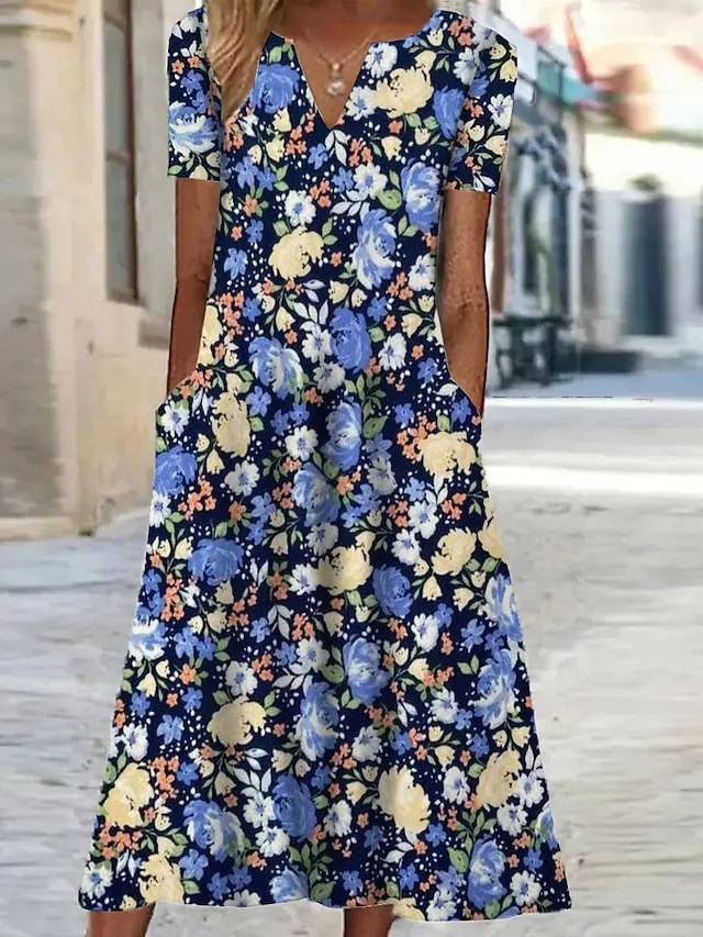 Casual Dress Shift Dress Print Dress Floral Pocket Print V Neck Midi Dress Active Fashion Outdoor Vacation Short Sleeve Regular Fit Black Yellow Blue Summer Spring S M L XL XXL for Women