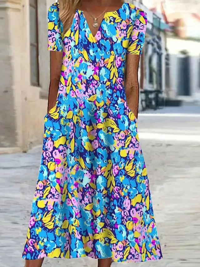Casual Dress Shift Dress Print Dress Floral Pocket Print V Neck Midi Dress Active Fashion Outdoor Vacation Short Sleeve Regular Fit Black Yellow Blue Summer Spring S M L XL XXL for Women