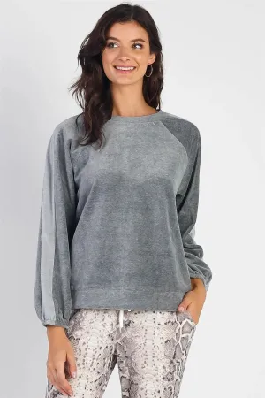 Charcoal Cotton Blend Velour Balloon Long Sleeve Top