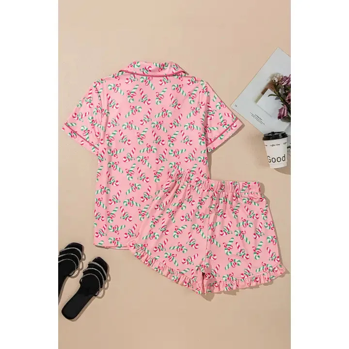 Christmas Candy Cane Print Pocketed Knotted Lounge Set