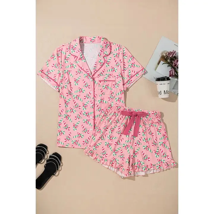Christmas Candy Cane Print Pocketed Knotted Lounge Set