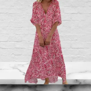Cotton V Neck Half Sleeves Loose Dress
