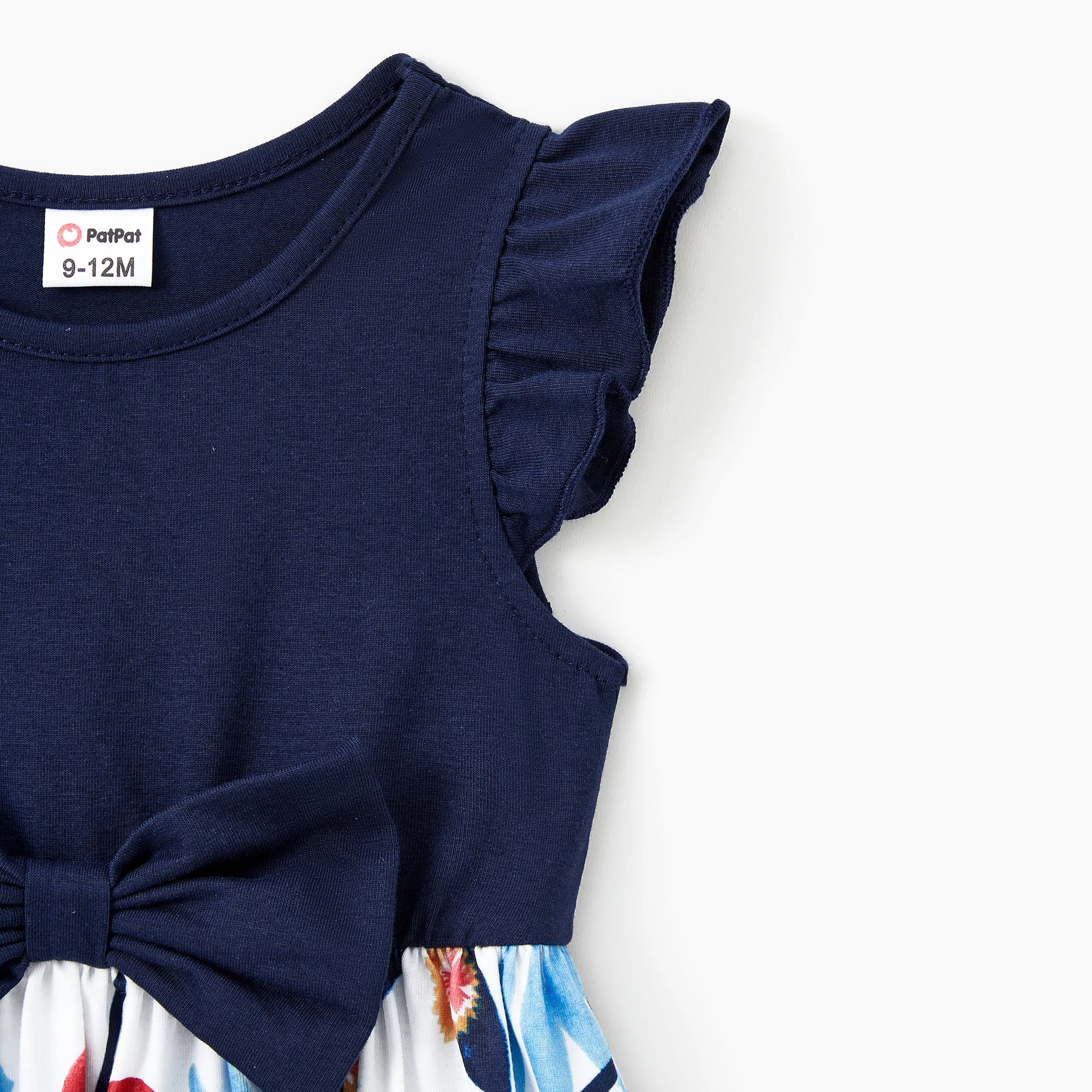 Family Matching Sets Cotton Stripe Short Sleeves Tee or Flutter Sleeves Spliced Floral Pattern Belted Dress