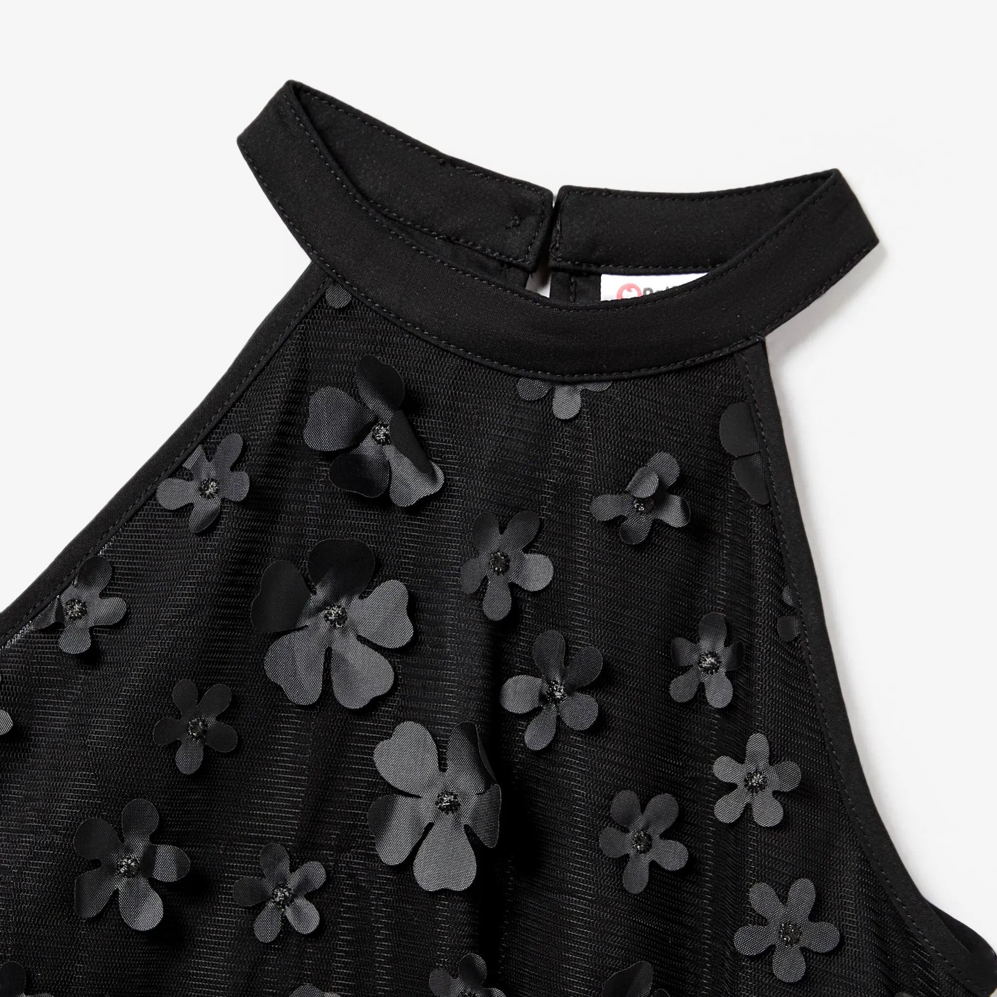 Family Matching Stripe Quarter Button Top and Black High Neck Halter 3D Flower Applique Mesh Dress Sets