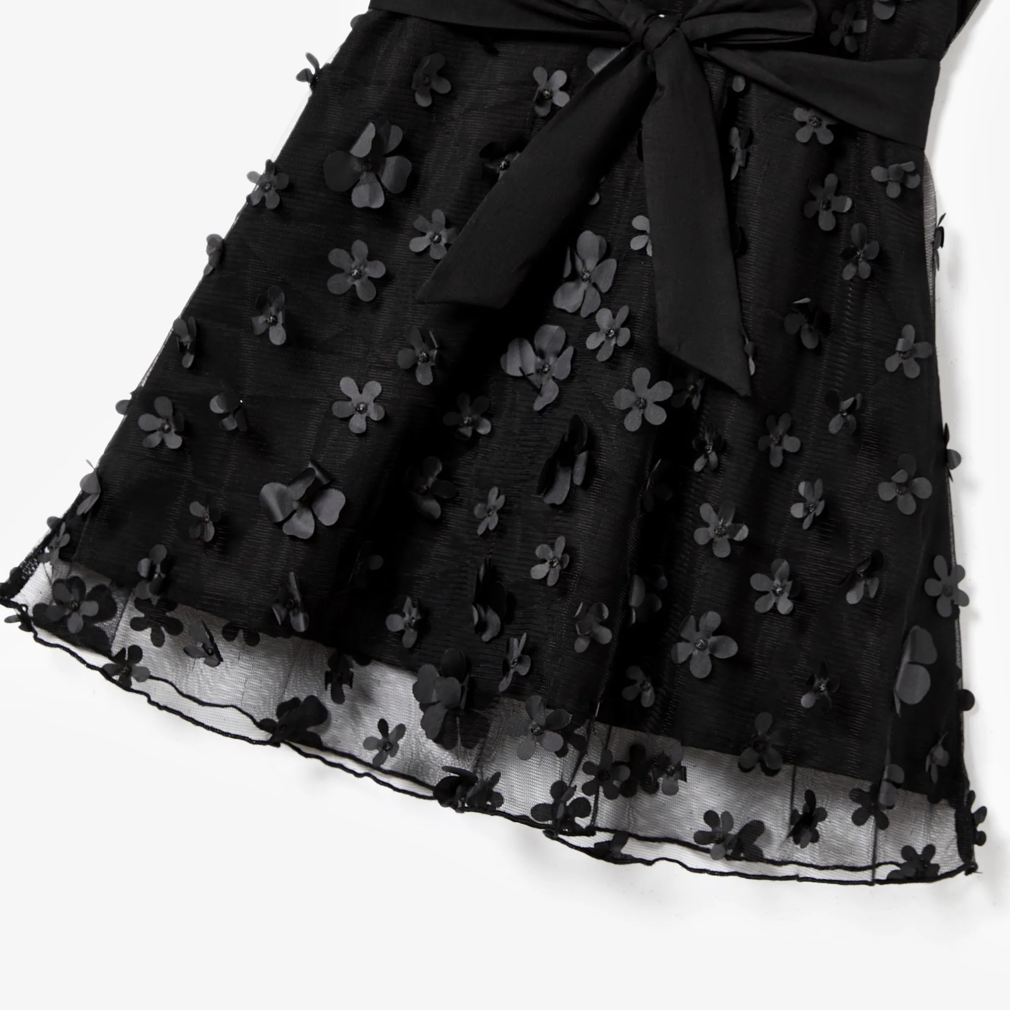 Family Matching Stripe Quarter Button Top and Black High Neck Halter 3D Flower Applique Mesh Dress Sets
