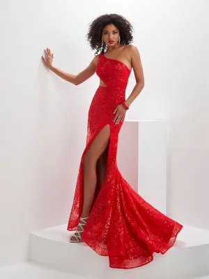 Fitted Sequin One Shoulder Slit Gown by Panoply 14146