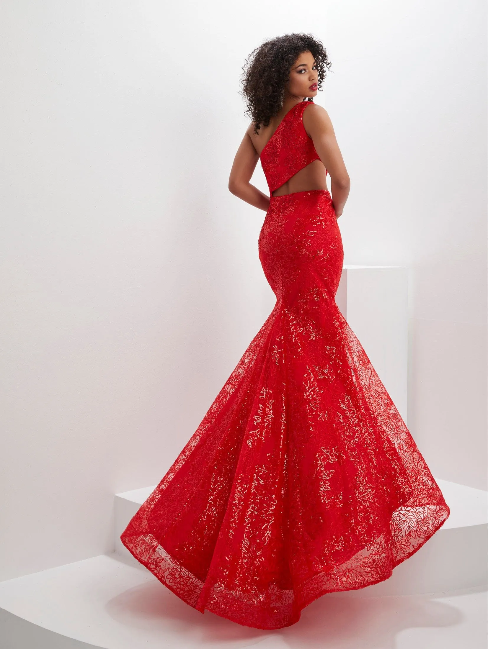 Fitted Sequin One Shoulder Slit Gown by Panoply 14146