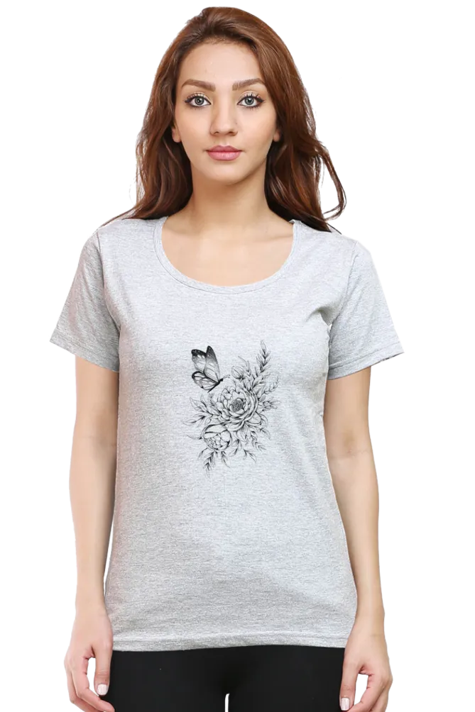 Floral Butterfly Tattoo Printed Scoop Neck T-shirt for women