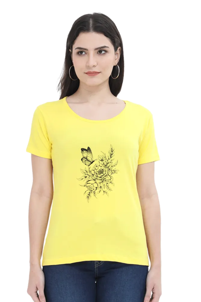 Floral Butterfly Tattoo Printed Scoop Neck T-shirt for women