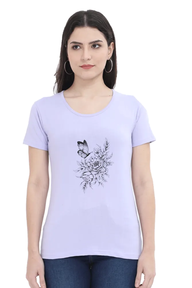 Floral Butterfly Tattoo Printed Scoop Neck T-shirt for women