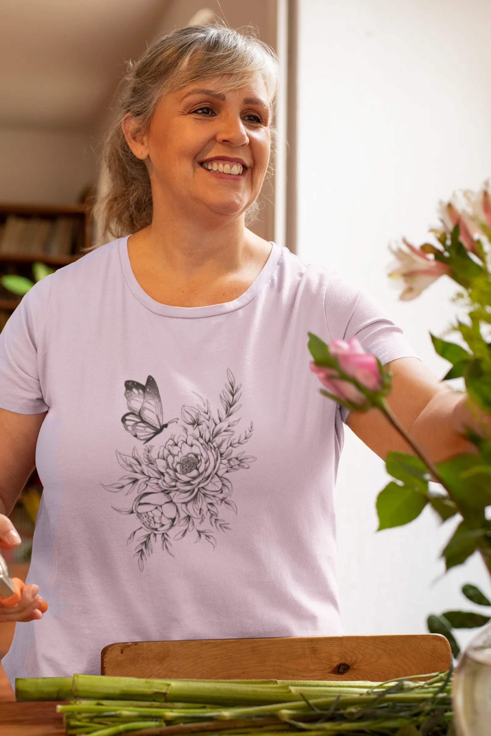 Floral Butterfly Tattoo Printed Scoop Neck T-shirt for women