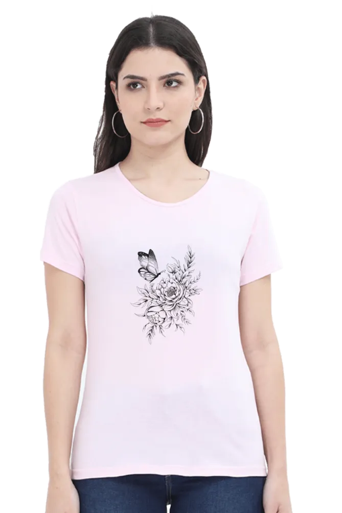 Floral Butterfly Tattoo Printed Scoop Neck T-shirt for women