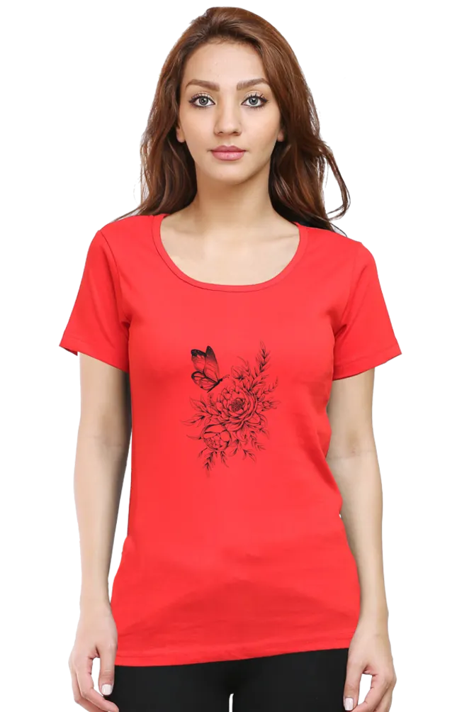 Floral Butterfly Tattoo Printed Scoop Neck T-shirt for women