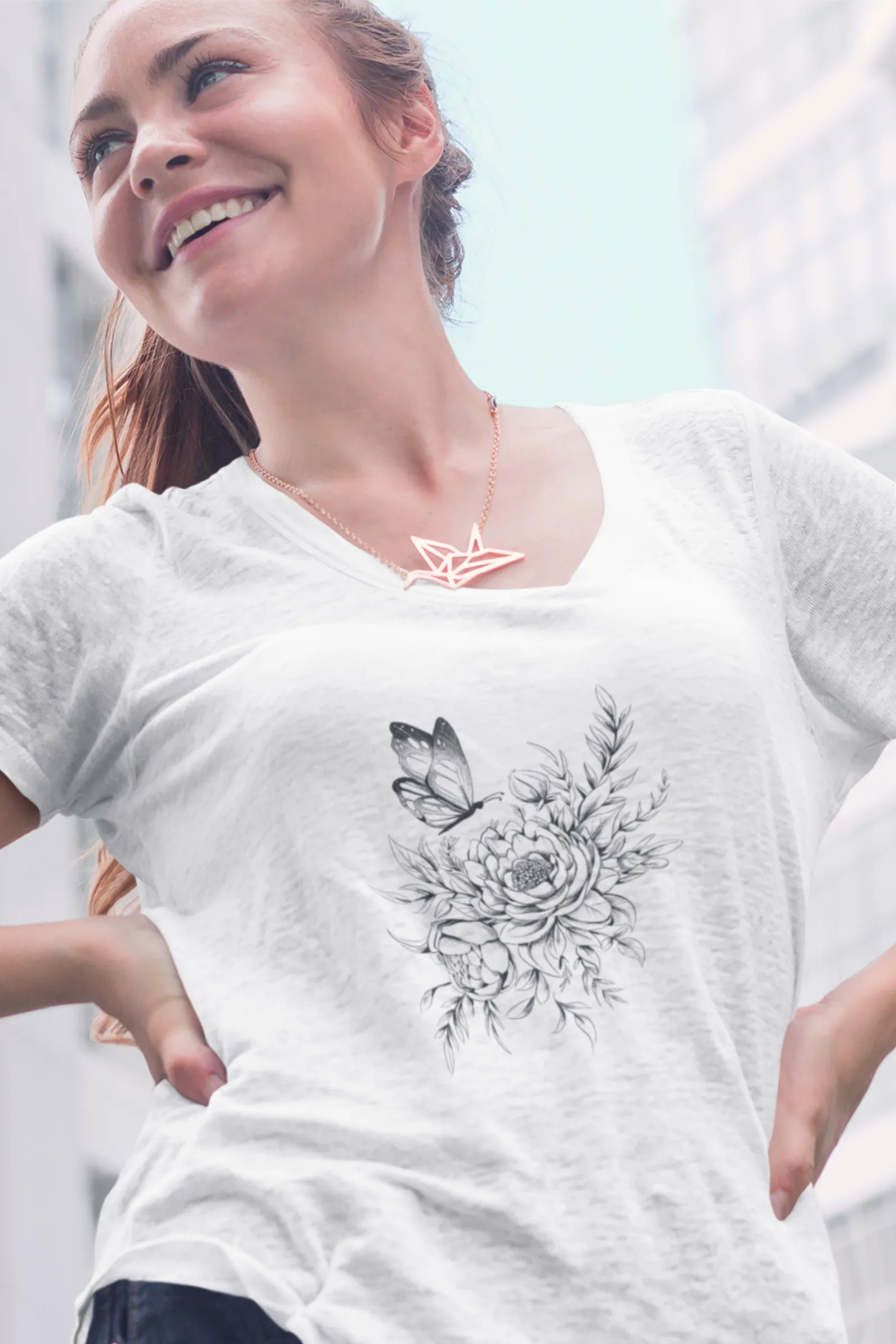 Floral Butterfly Tattoo Printed Scoop Neck T-shirt for women