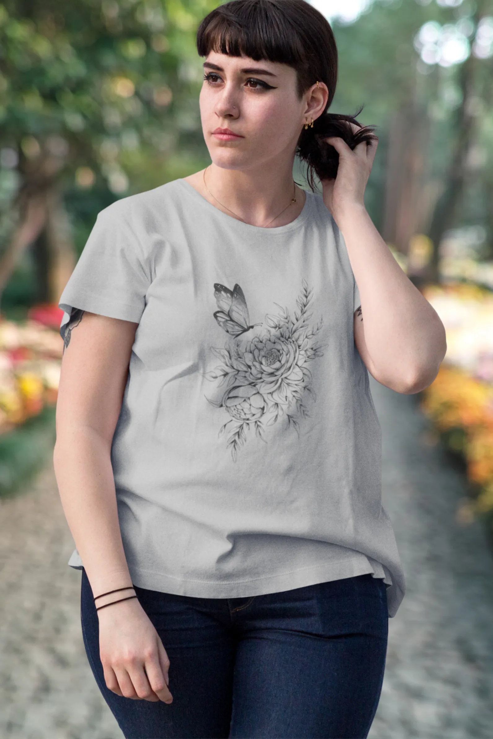 Floral Butterfly Tattoo Printed Scoop Neck T-shirt for women