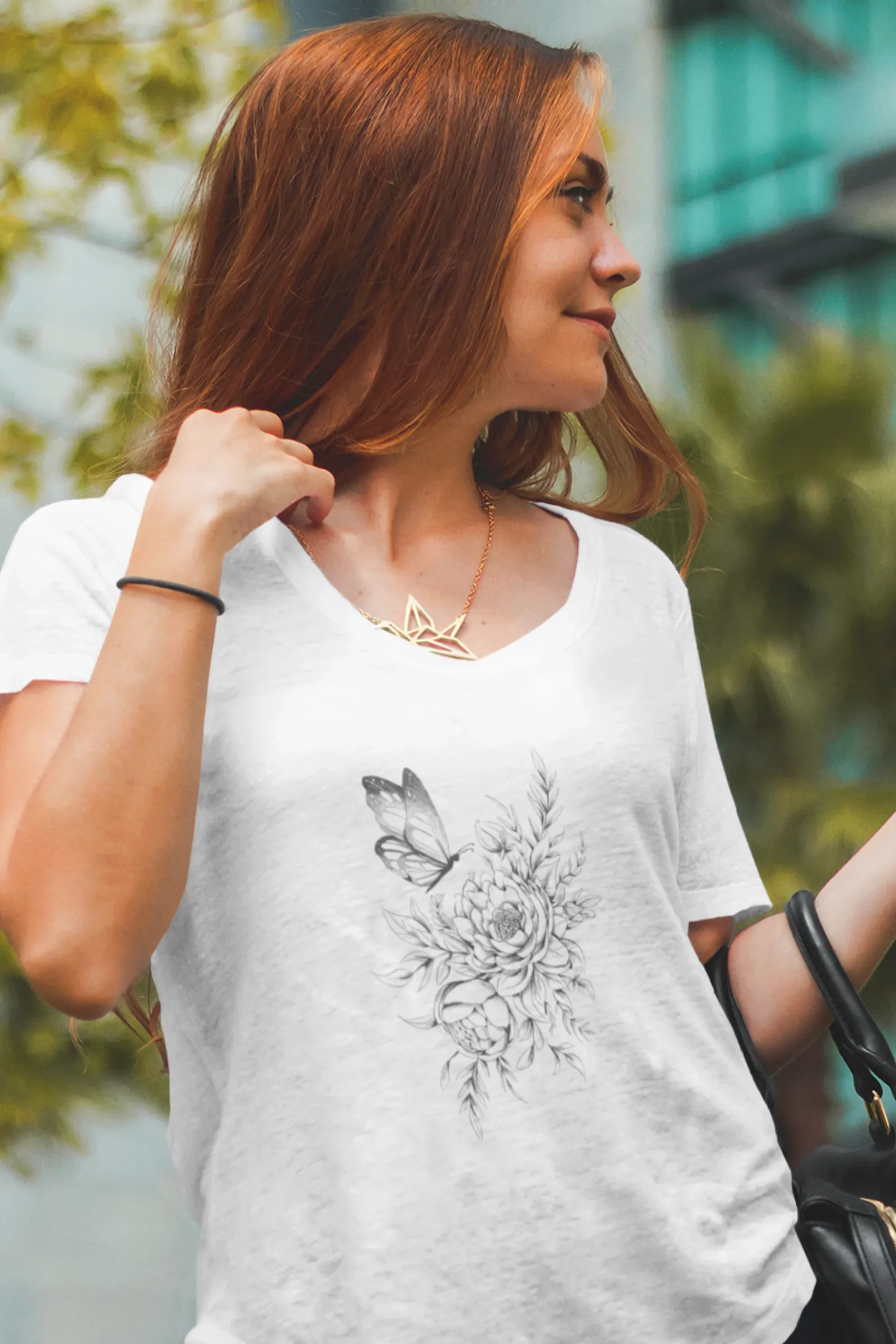 Floral Butterfly Tattoo Printed Scoop Neck T-shirt for women