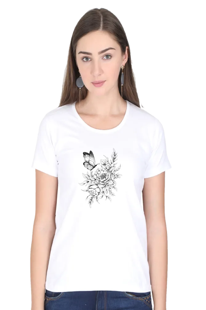 Floral Butterfly Tattoo Printed Scoop Neck T-shirt for women