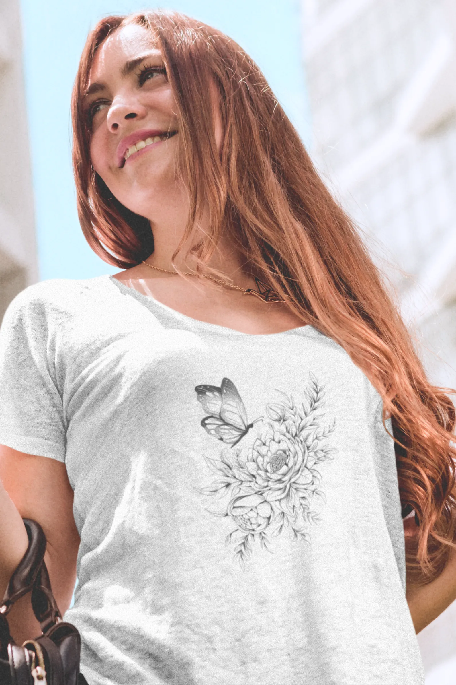 Floral Butterfly Tattoo Printed Scoop Neck T-shirt for women