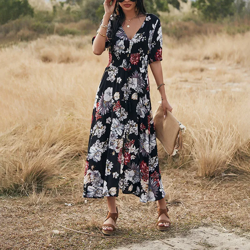 Floral V Neck Elastic Waist Summer Dress