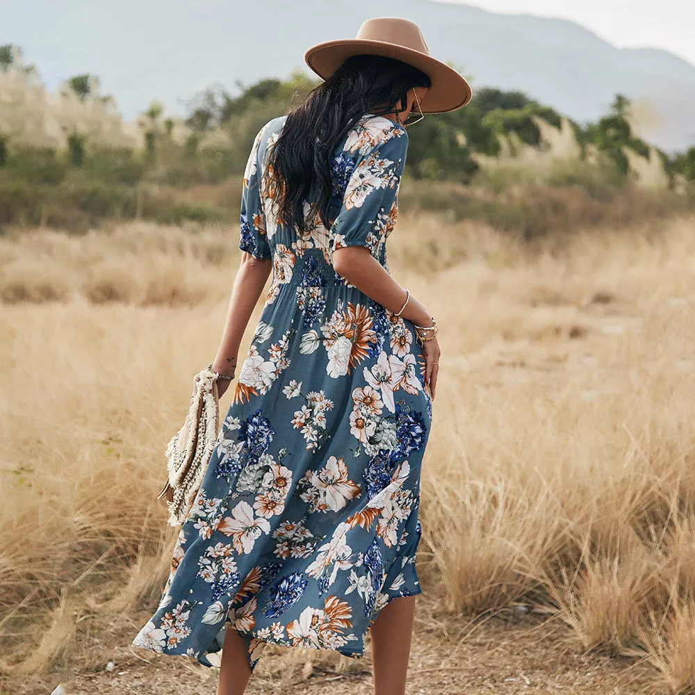 Floral V Neck Elastic Waist Summer Dress