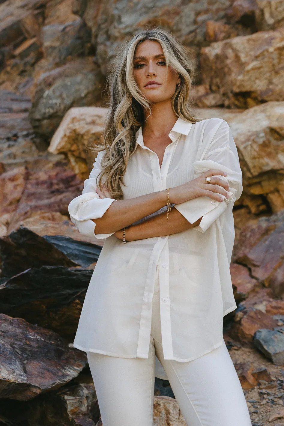 Ginny Sheer Button Up in Cream