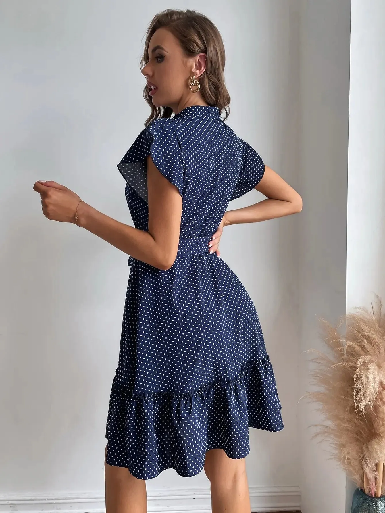 Grace Polka Dot Printed Butterfly Sleeves Dress