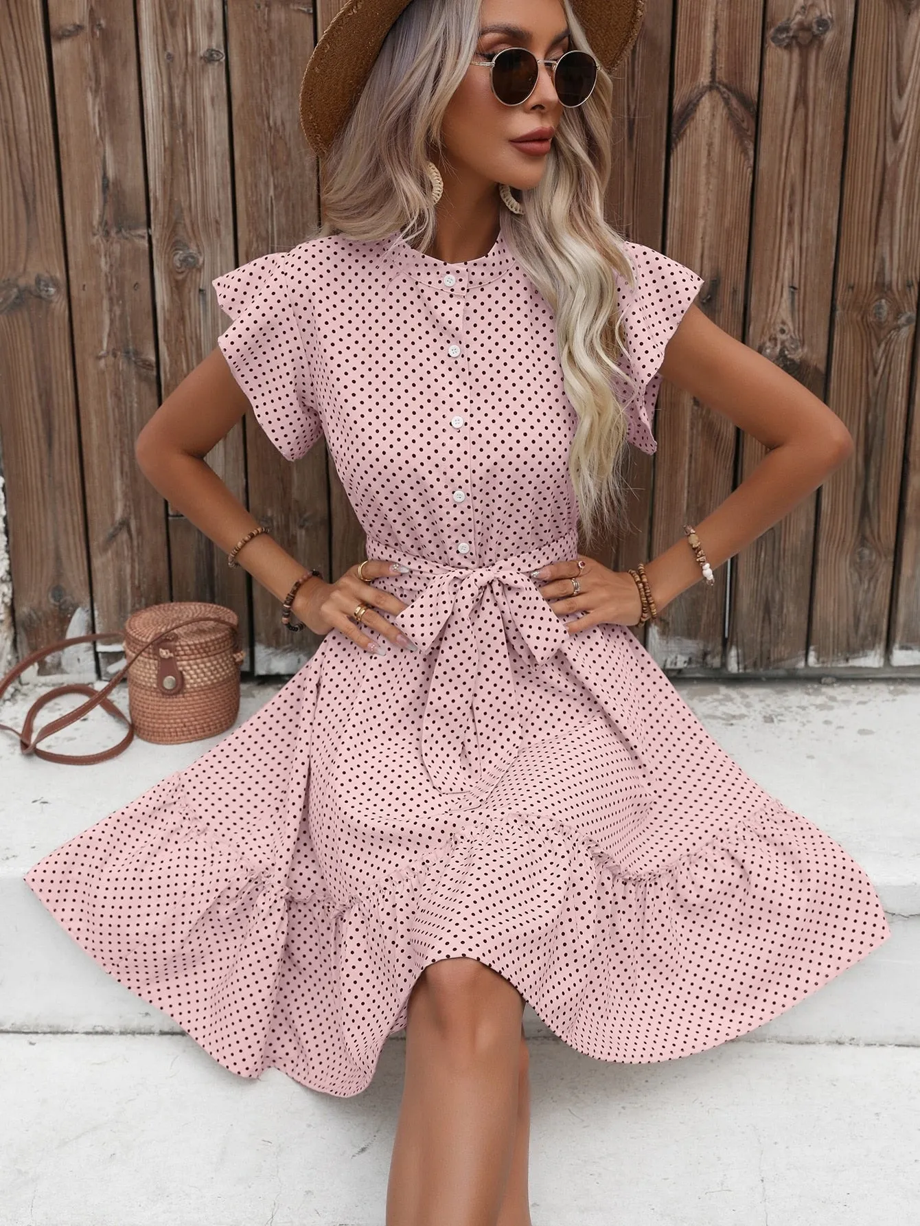 Grace Polka Dot Printed Butterfly Sleeves Dress