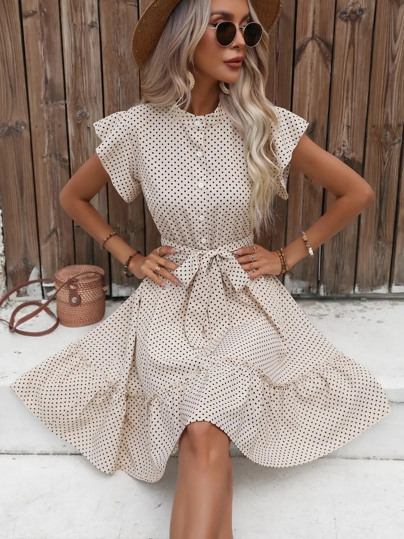 Grace Polka Dot Printed Butterfly Sleeves Dress
