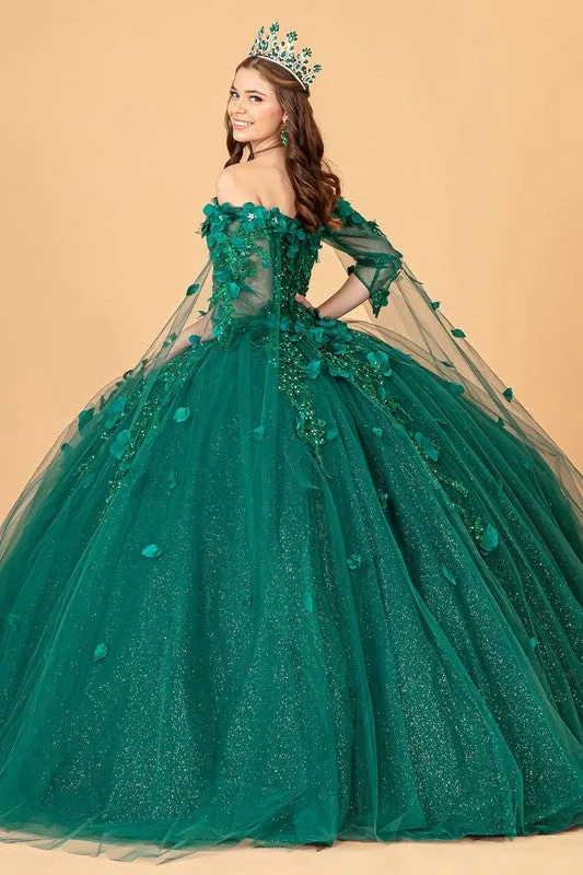 Green Cape Sleeve Off Shoulder Mesh Quinceanera Gown