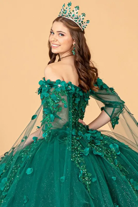 Green Cape Sleeve Off Shoulder Mesh Quinceanera Gown