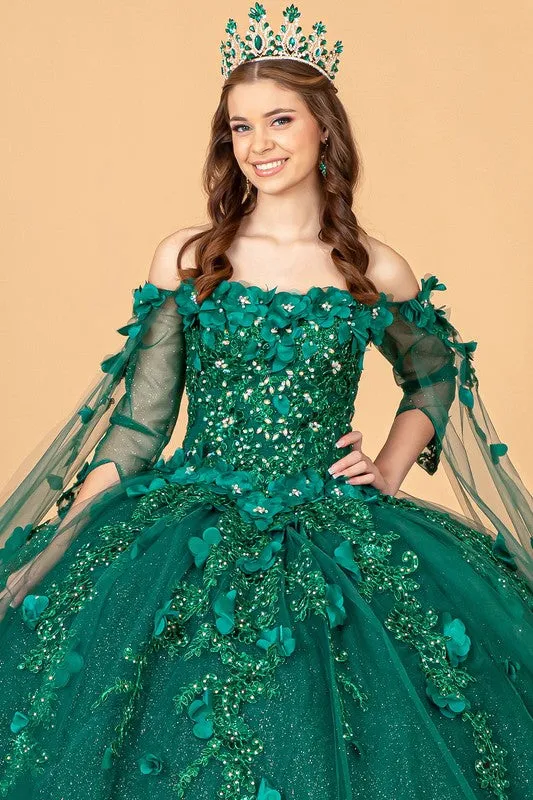 Green Cape Sleeve Off Shoulder Mesh Quinceanera Gown