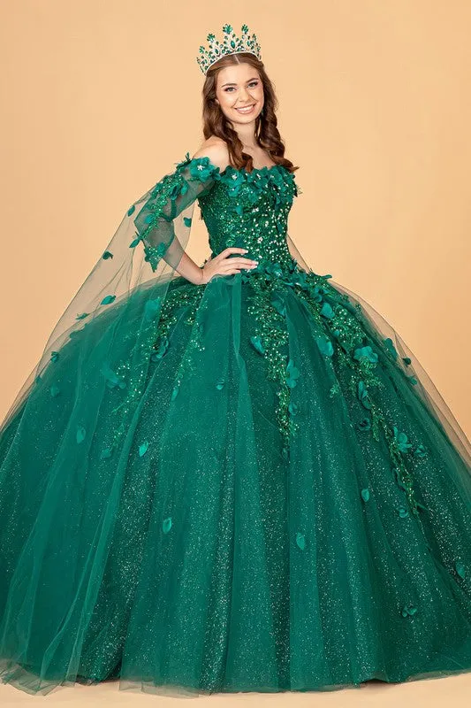 Green Cape Sleeve Off Shoulder Mesh Quinceanera Gown