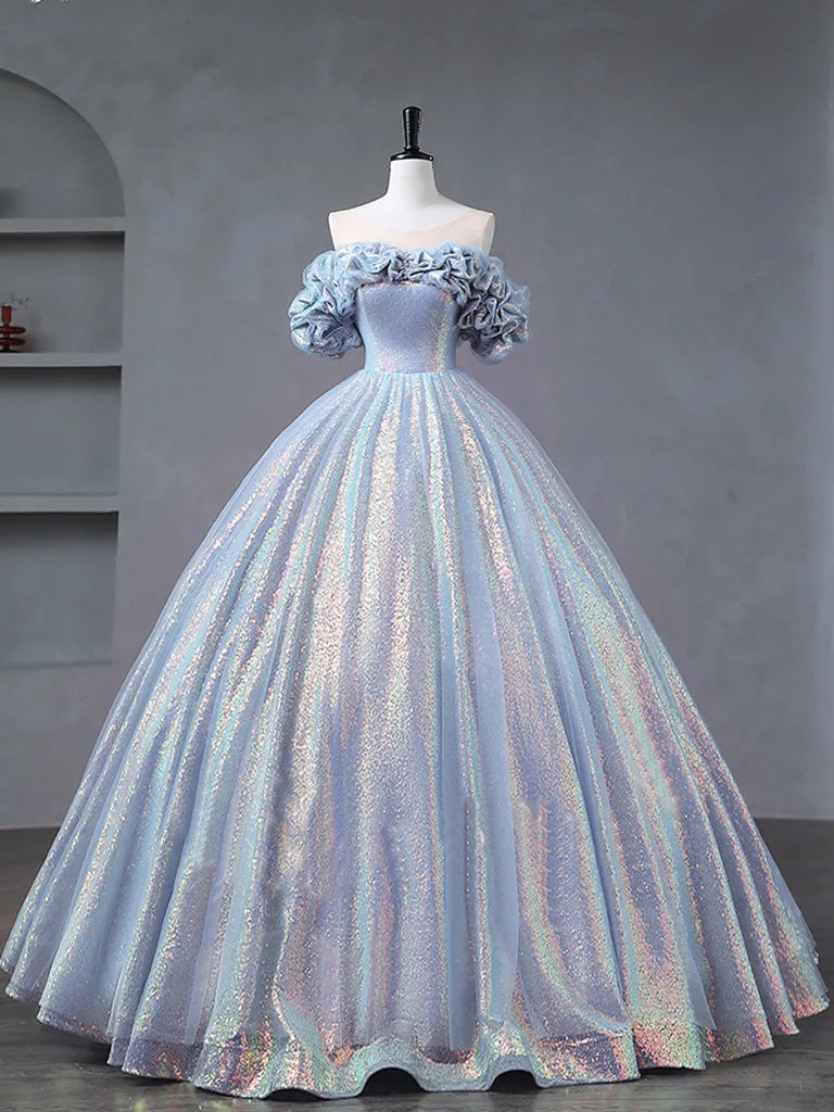 Illusion Creased Off The Shoulder Light Blue Ball Gown Quinceanera Dress