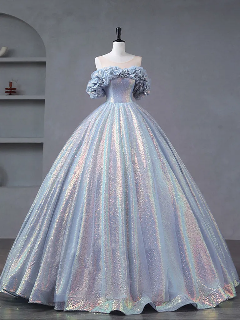 Illusion Creased Off The Shoulder Light Blue Ball Gown Quinceanera Dress