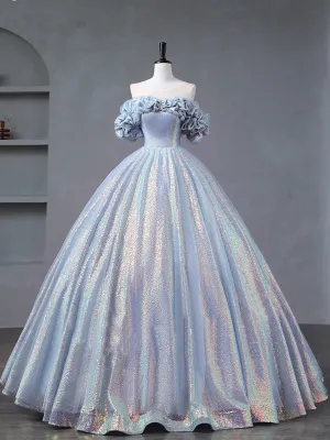 Illusion Creased Off The Shoulder Light Blue Ball Gown Quinceanera Dress