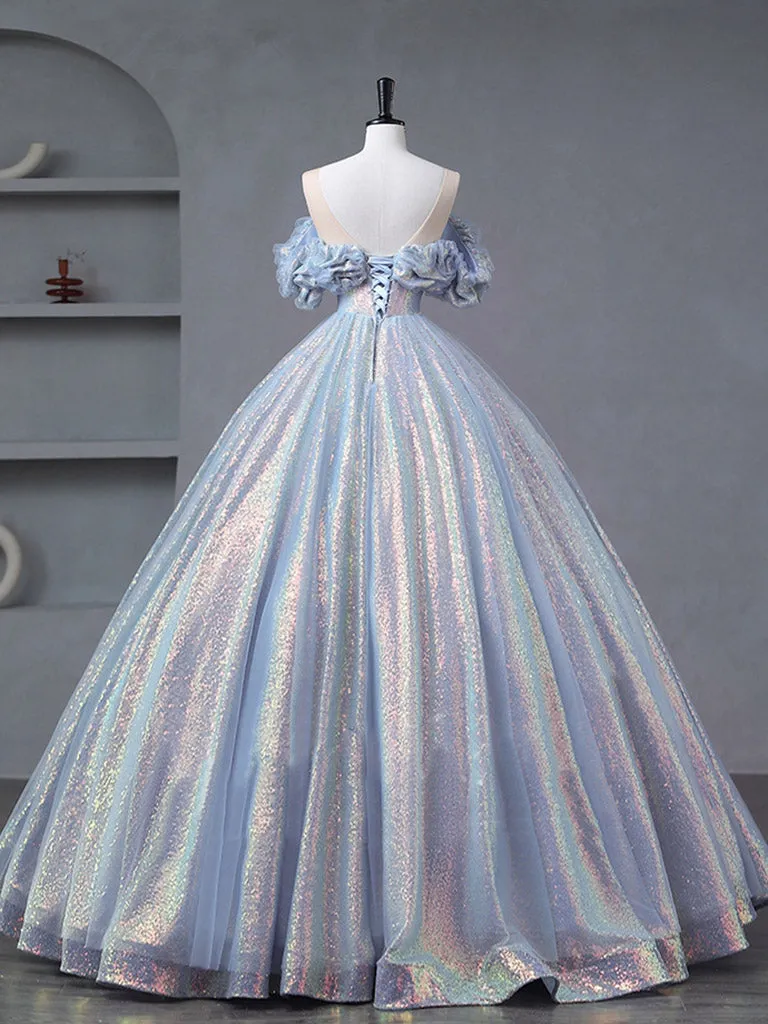 Illusion Creased Off The Shoulder Light Blue Ball Gown Quinceanera Dress