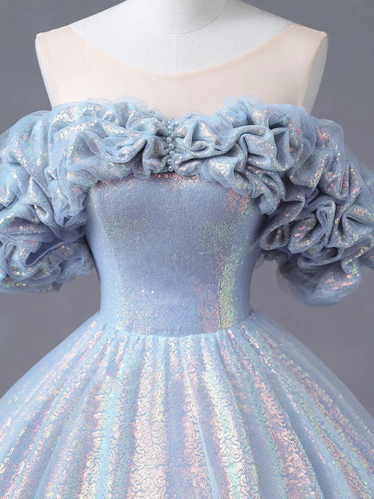 Illusion Creased Off The Shoulder Light Blue Ball Gown Quinceanera Dress