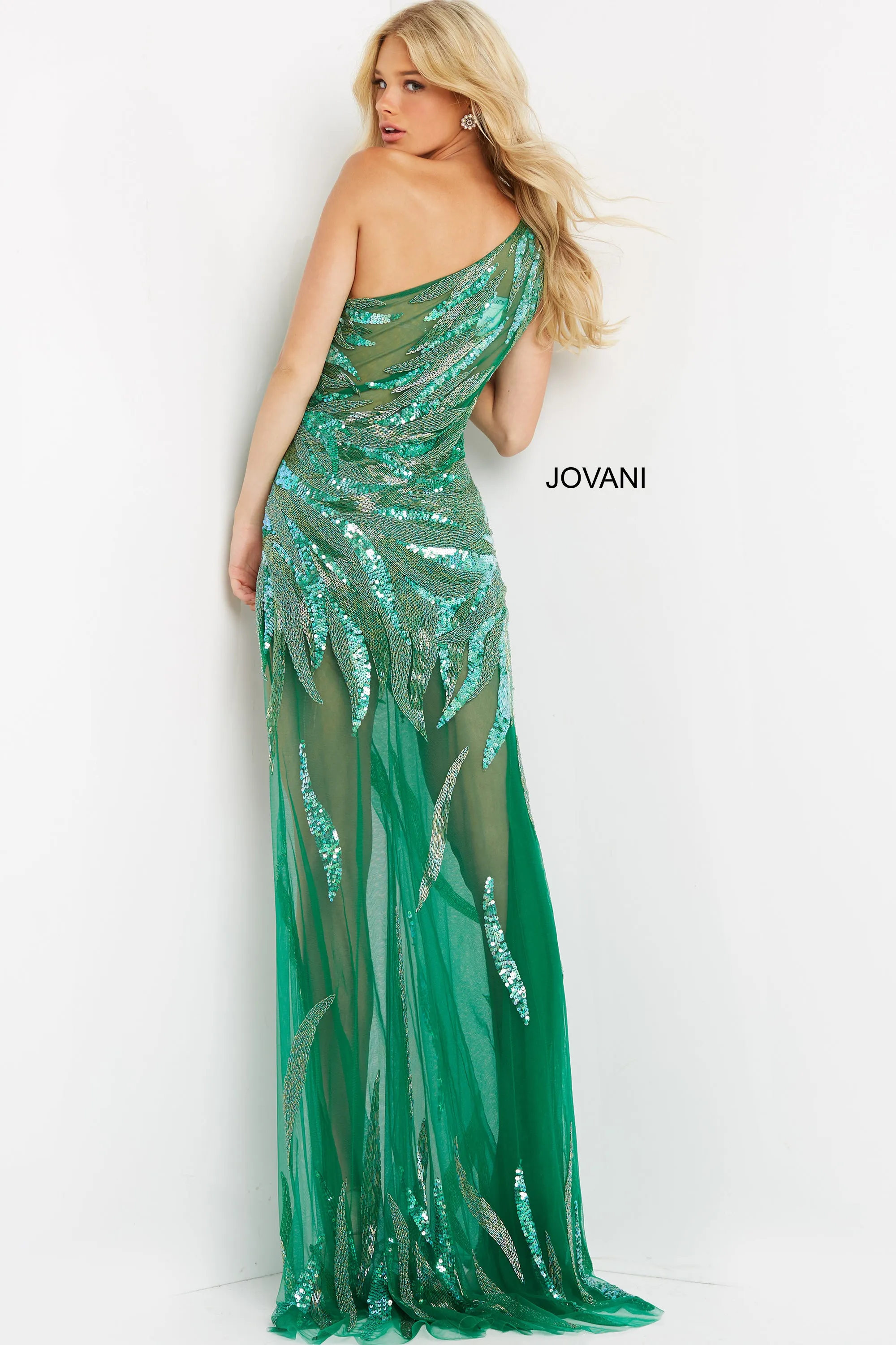 Jovani 07948  Sequin Prom Dress Pageant Gown One Shoulder High Slit Sheer