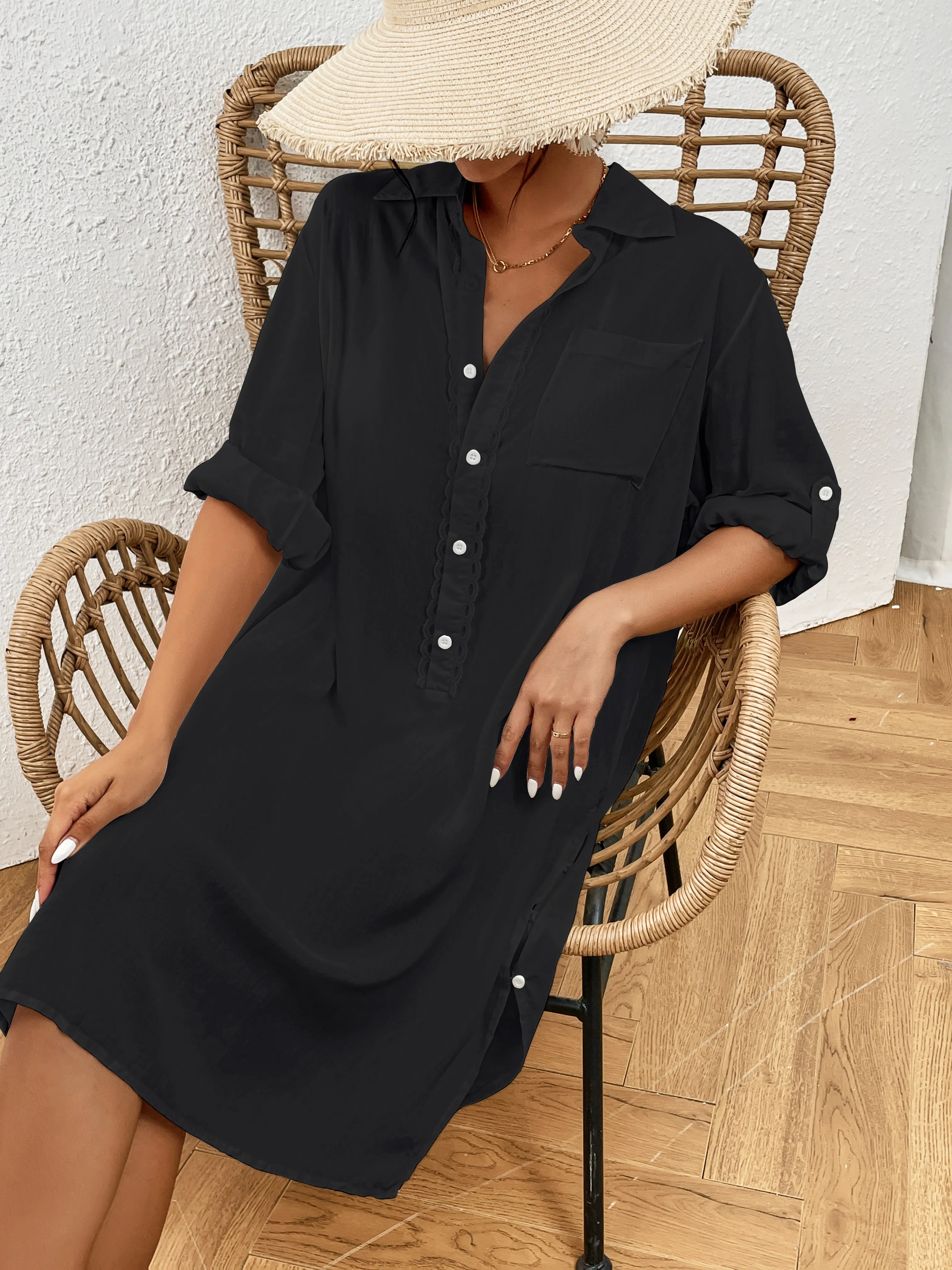 Long Sleeve Button-Down Beach Shirt Cover Up for Women