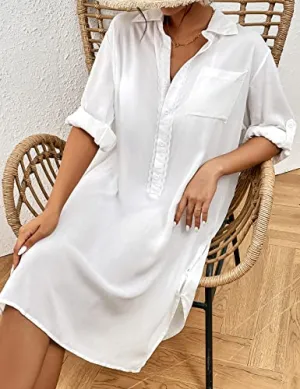 Long Sleeve Button-Down Beach Shirt Cover Up for Women