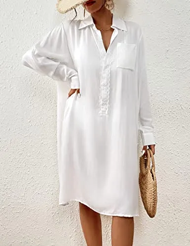 Long Sleeve Button-Down Beach Shirt Cover Up for Women