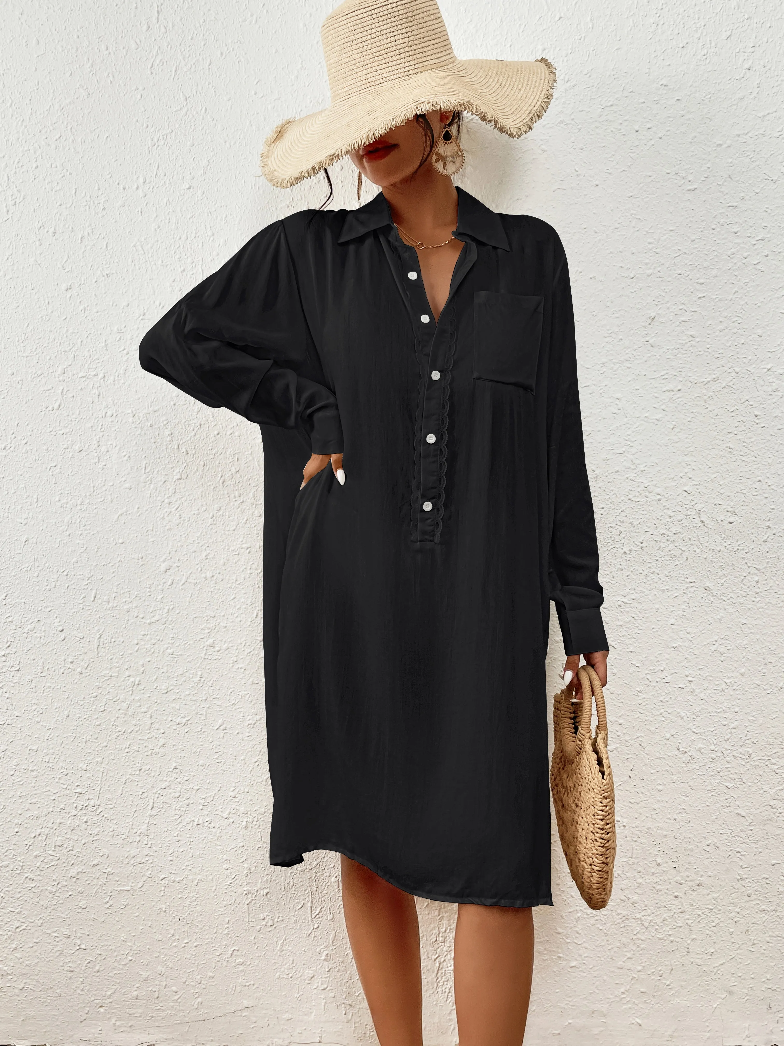 Long Sleeve Button-Down Beach Shirt Cover Up for Women