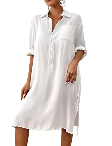 Long Sleeve Button-Down Beach Shirt Cover Up for Women