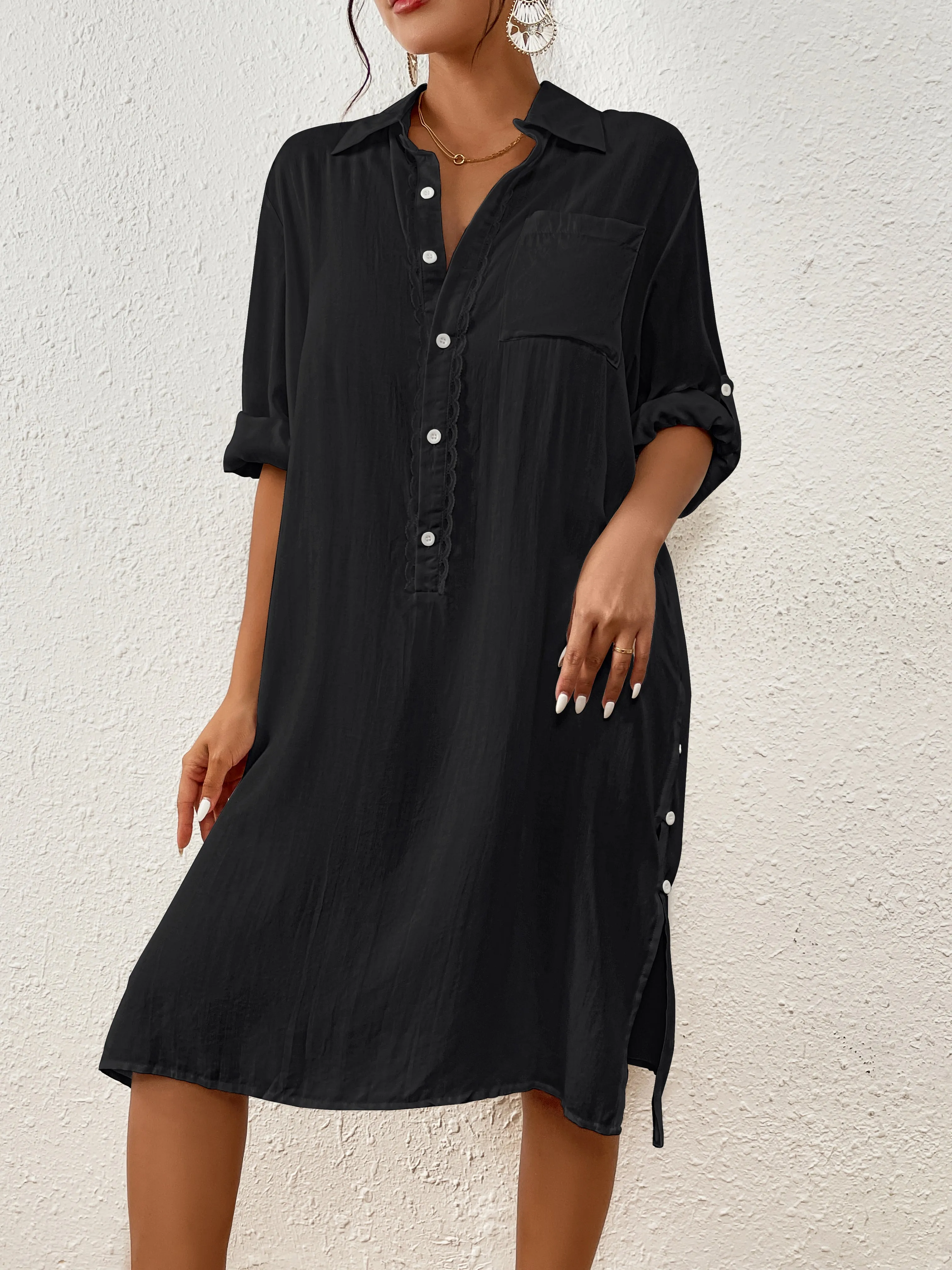 Long Sleeve Button-Down Beach Shirt Cover Up for Women