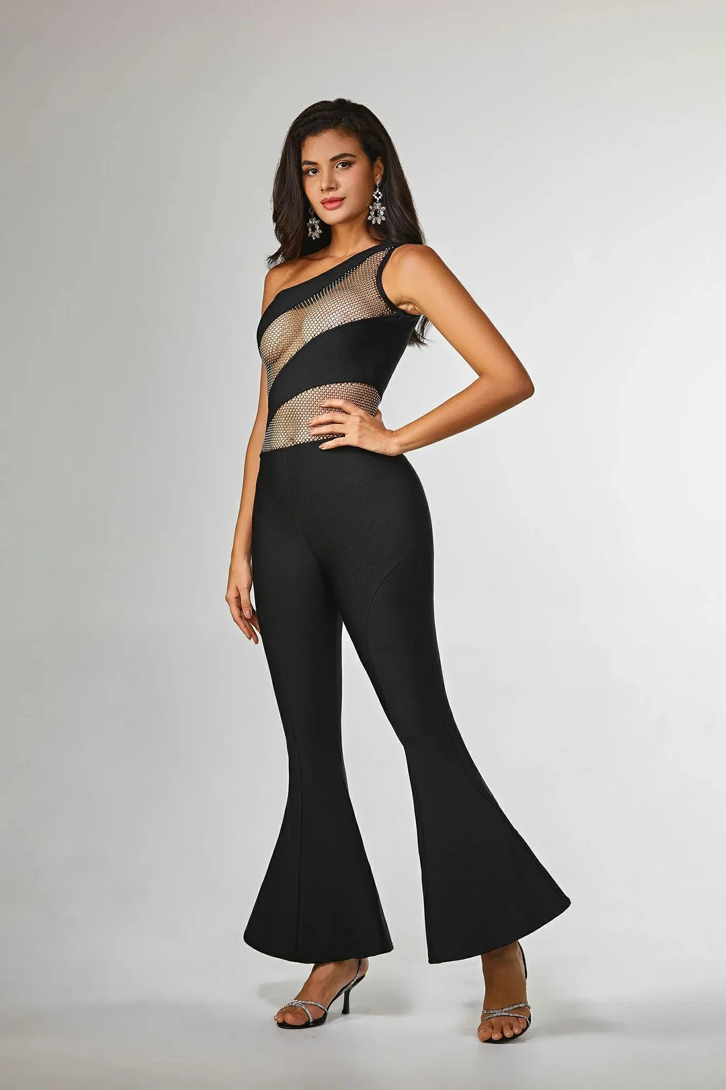 Melany Mesh Sequin Flare Jumpsuits in Black