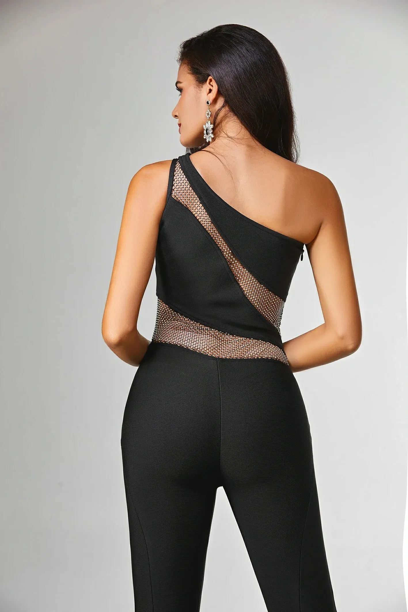 Melany Mesh Sequin Flare Jumpsuits in Black
