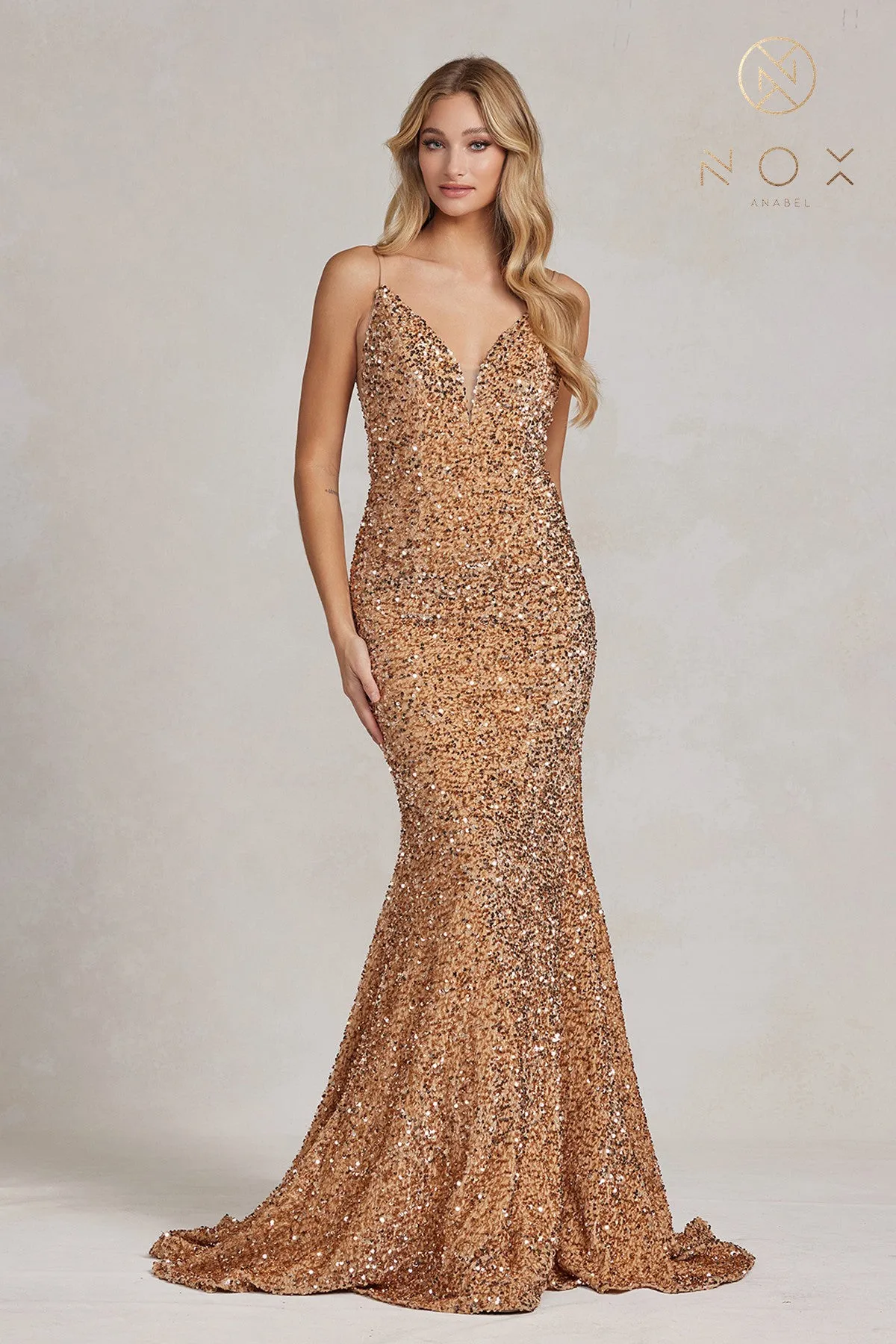 Nox Anabel R1071 Long Fitted Velvet Sequin V Neck Formal Prom Dress Pageant Gown