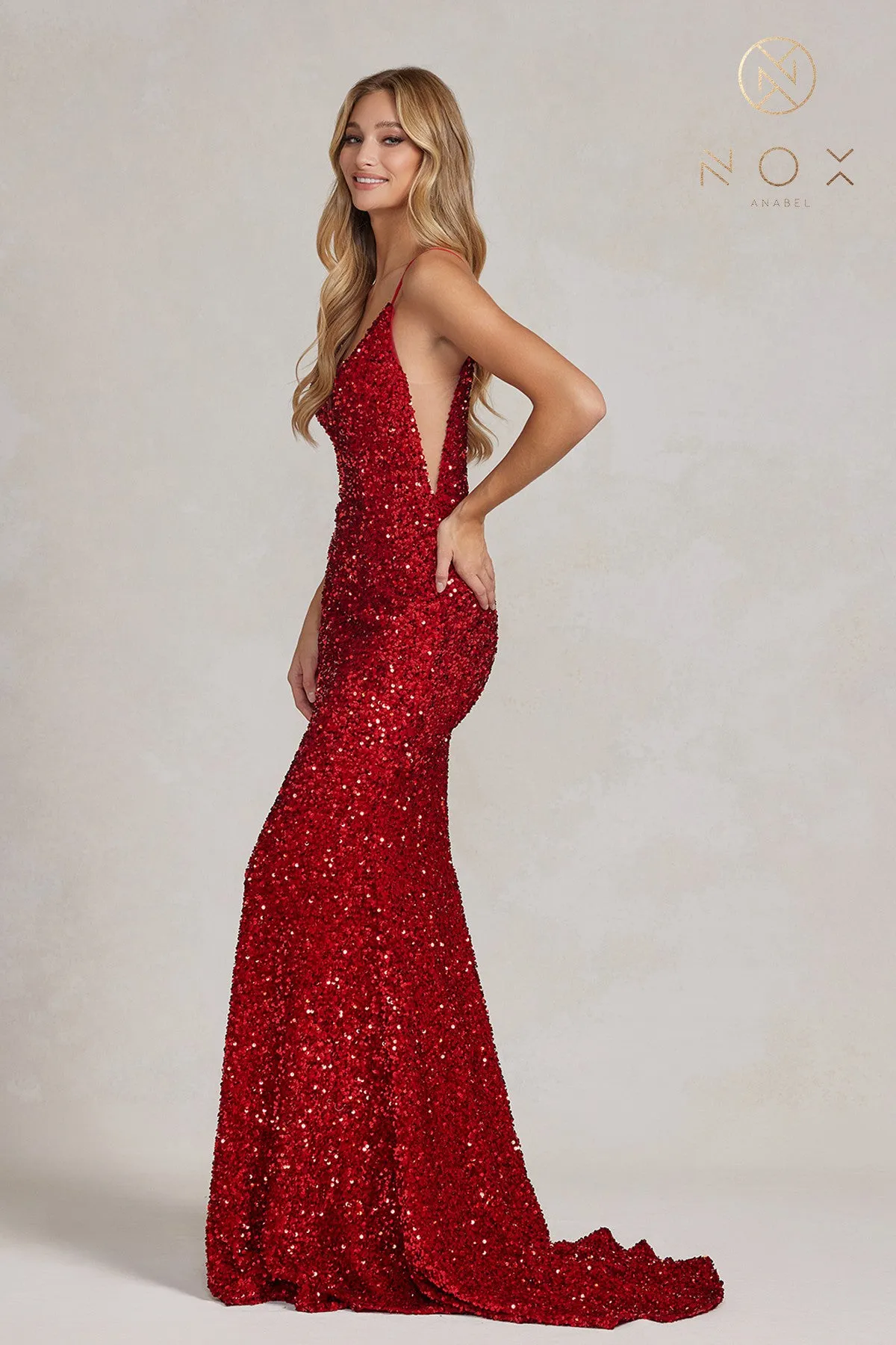 Nox Anabel R1071 Long Fitted Velvet Sequin V Neck Formal Prom Dress Pageant Gown