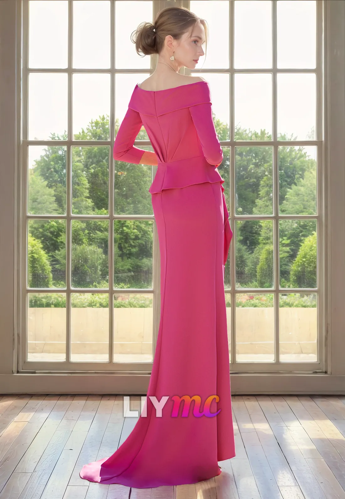 Off-Shoulder Long Sleeves Floral Embellished Ruffled Mother of Bride Dress Cocktail Dress